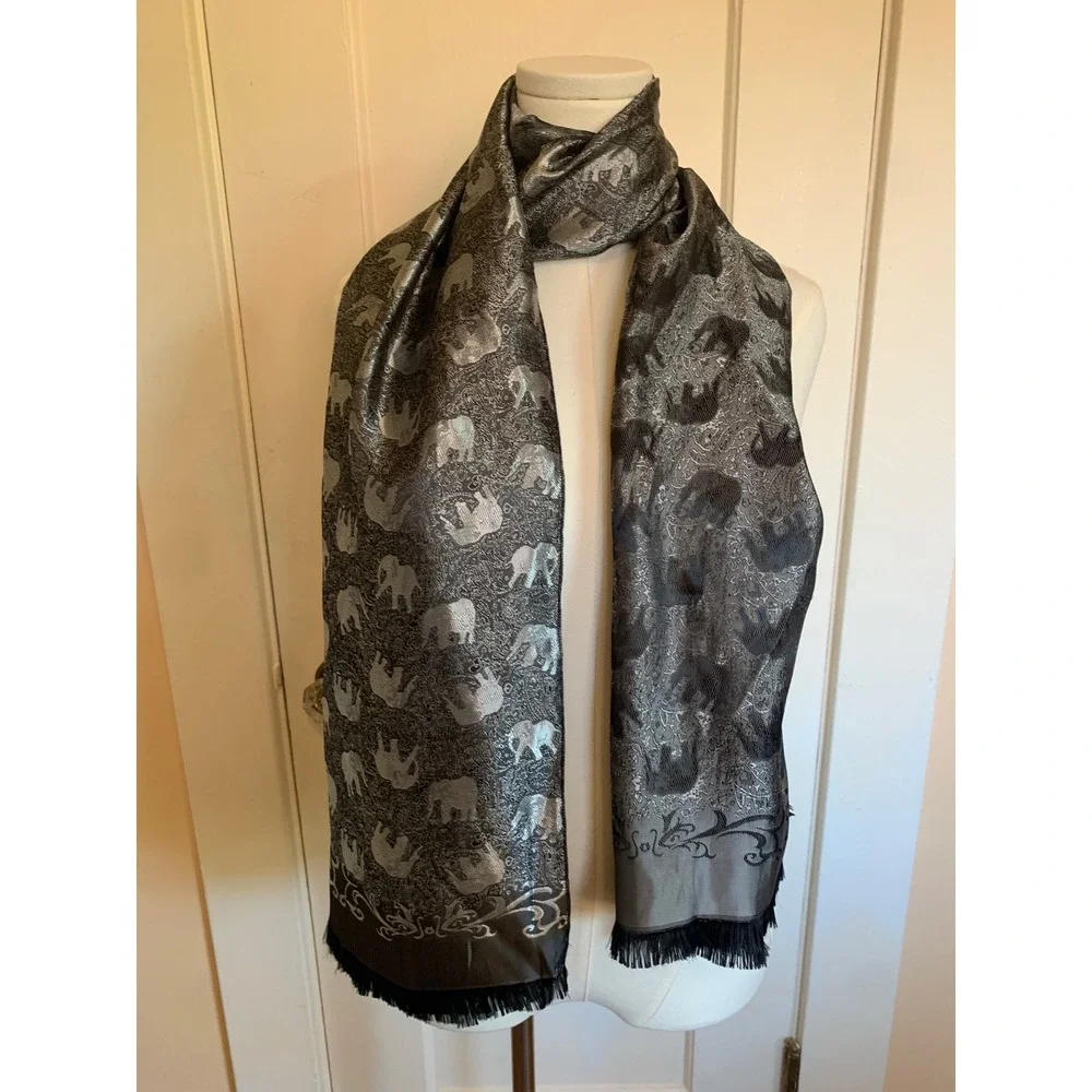 Vintage Elephant Print Silk Scarf Silver Grey Black Jacquard Paisley Shawl Wrap